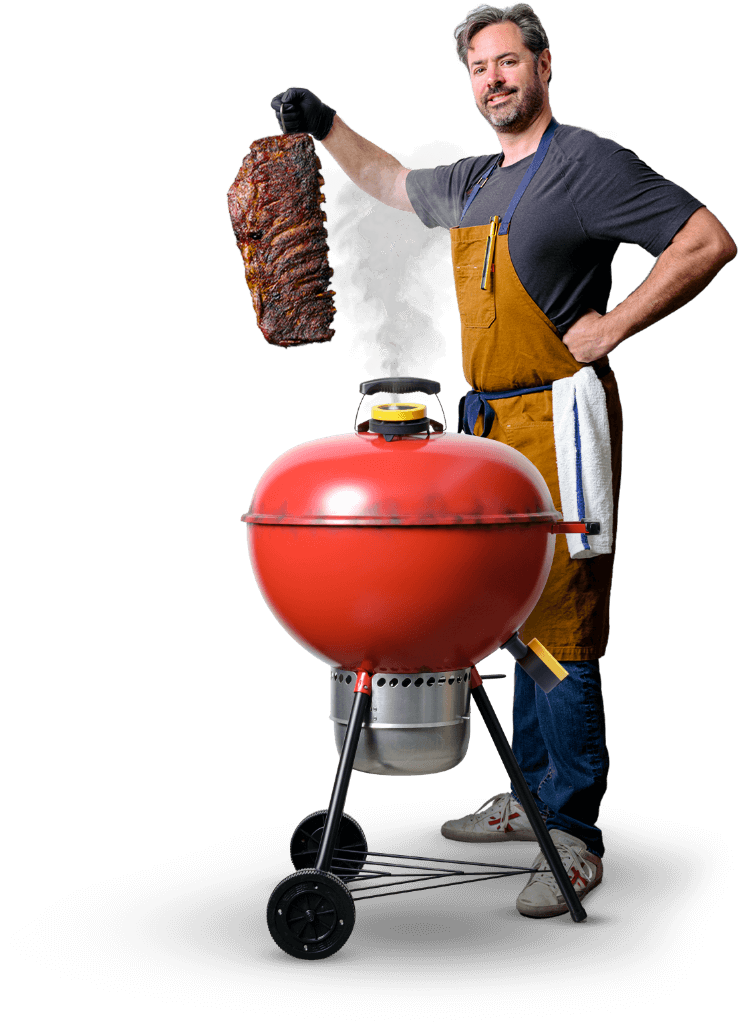 Chris holding up a rack of ribs next to a Weber grill, featuring the Combustion Predictive Thermometer and the Giant Grill Gauge and the Combustion Engine
